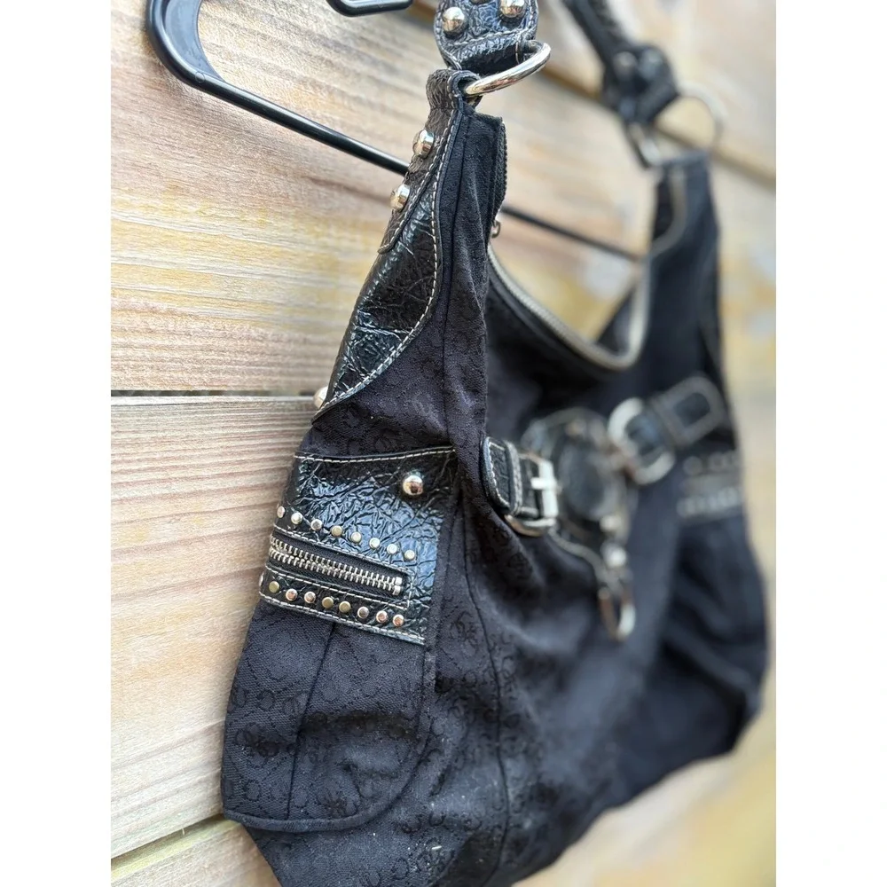 Guess Black Monogram Canvas Hobo Bag Patent Trim Studded Y2K Large G Logo